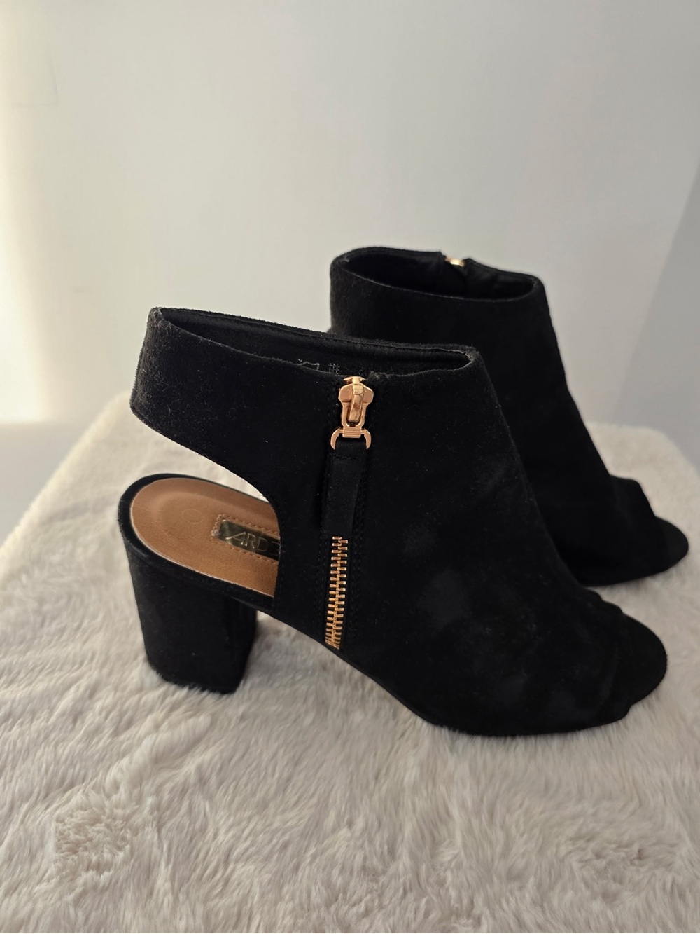 Ardene Black Suede Peep-Toe Block Heel Ankle Booties with Gold Zipper